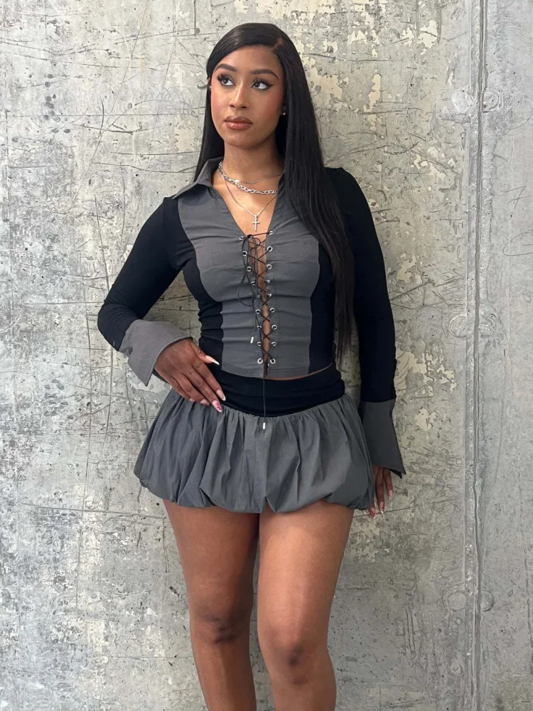 

Women's Sexy Machine Eyelet Straps Fluffy Skirt Pants Set Girly Sense of Aging Hundred with Lazy Style Two-piece Set