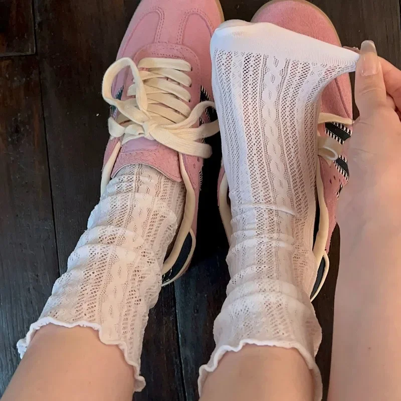 Japanese Kawaii Girls Cute Socks Spring Summer Mesh Hollow Out Women Socks Solid Color Female Harajuku Retro Vintage Long Socks