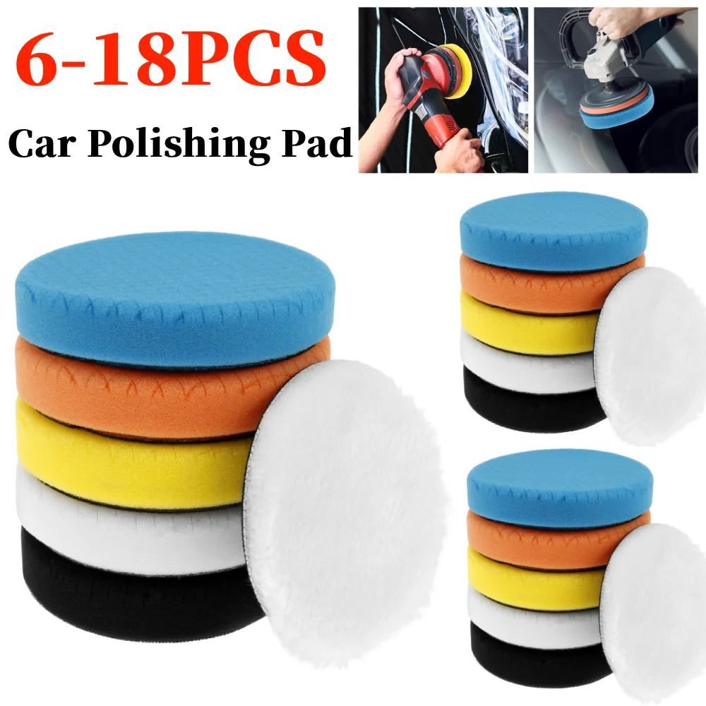 

18 Pcs Car Sponge Buffing Pad 5.5 Inch Self-Adhesive Washable Imitation Wool Polishing Wheel Wax Pads for Car Detailing Cleaning