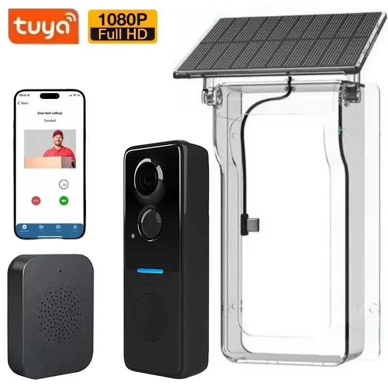 Tuya في الهواء الطلق جرس الباب اللاسلكي غطاء للطاقة الشمسية 1080P فيديو إنترفون 2-way الصوت كشف الحركة ثقب الباب كاميرا جرس باب واي فاي