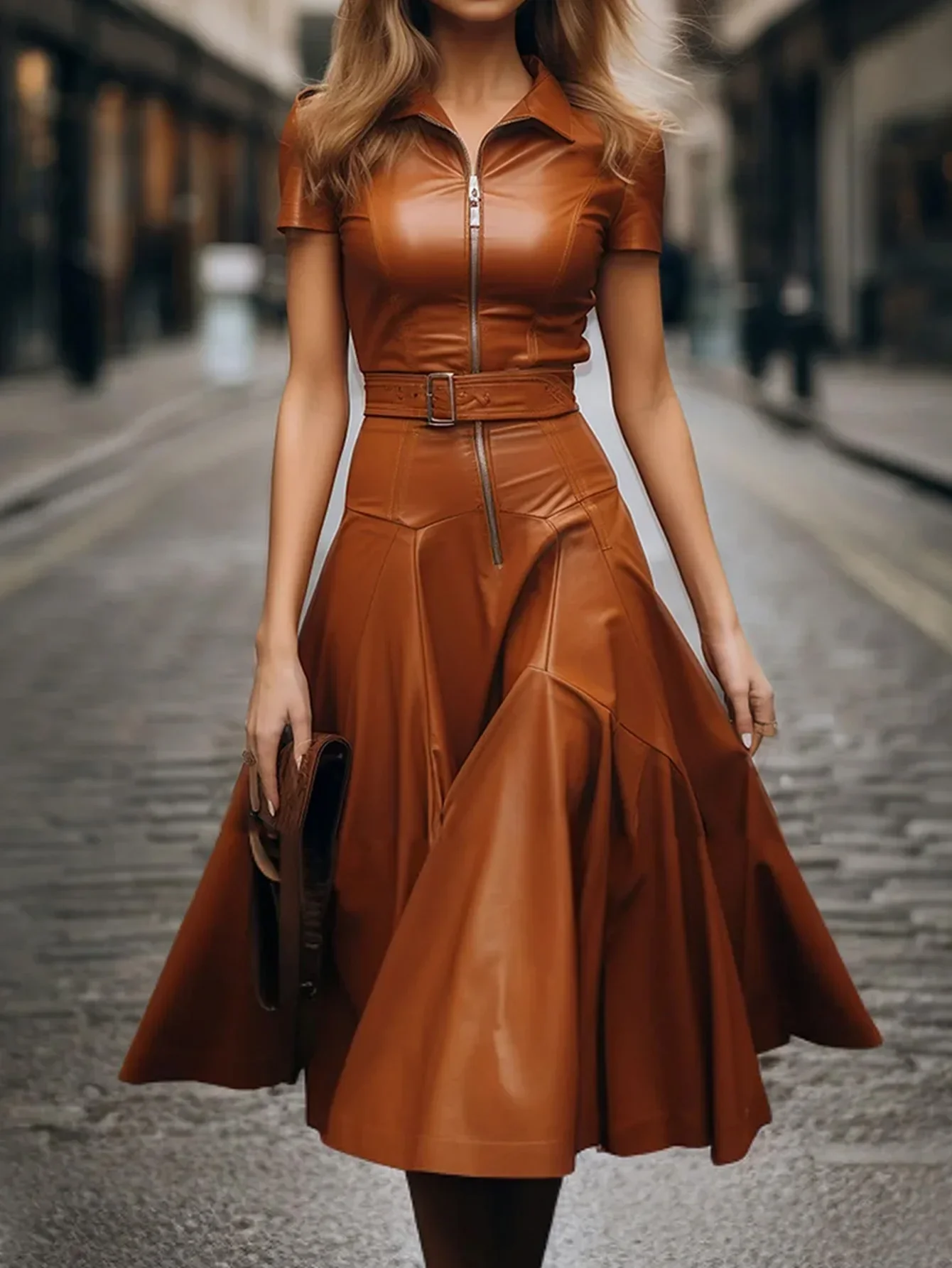 Women Faux Leather PU Pleated Dress Turn Down Collar Short Sleeve High Street Elegant Casual Zipper Midi Dresses with Belt 2025