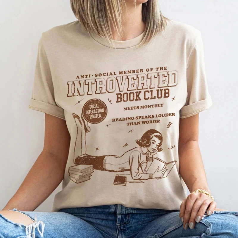 Introverted Book Club Retro T-Shirts Cute Aesthetic Bookish Cotton T-Shirt Bookworm Graphic Tees Women Vintage Tops Book Lover