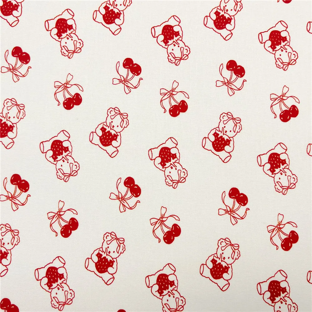 Cream base cherry strawberry bear Cotton Fabric for Kids Clothes Home Textile Slipcover Sewing Quilting DIY Needlework Material