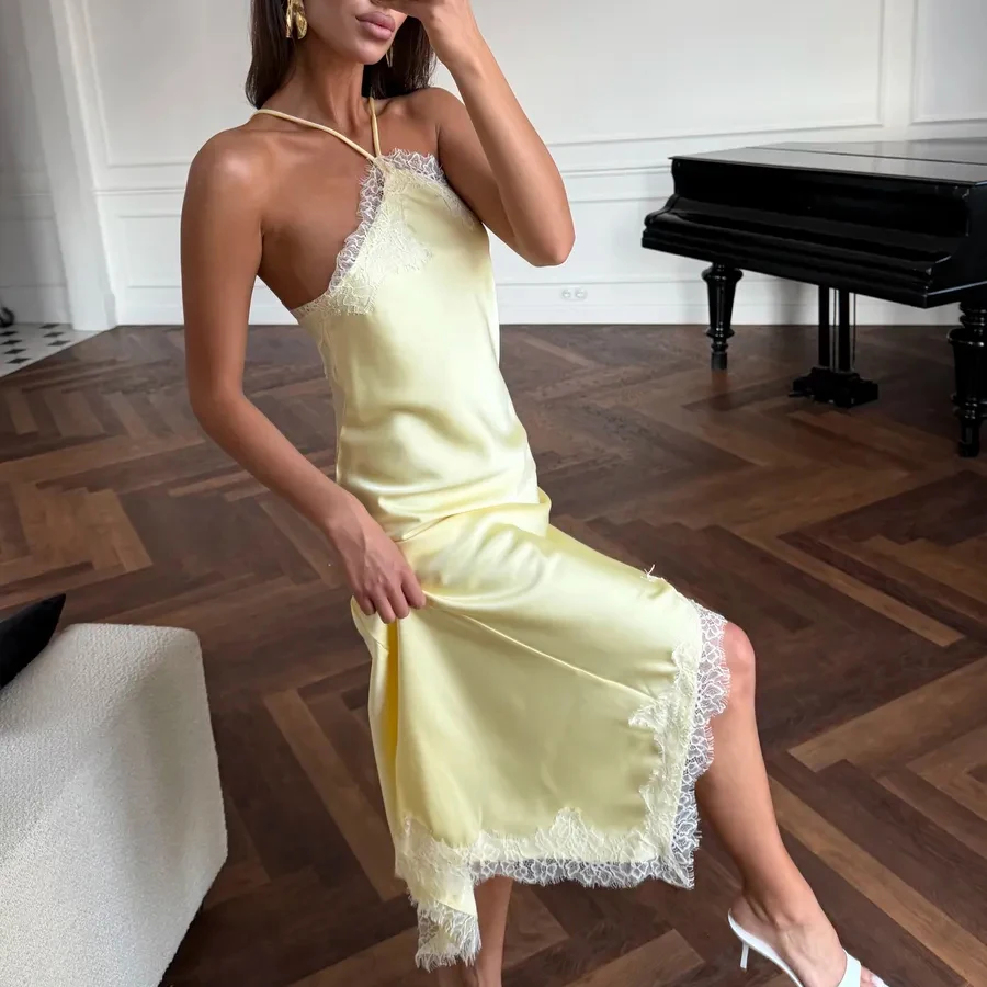 Satin-Spitzen-Slip-Kleid für Damen, Sexy Neckholder-Kleid mit Asymmetrischem Saum, Französisch-Elegantes Rückenfreies Seidenkleid für Partys und Abendveranstaltungen