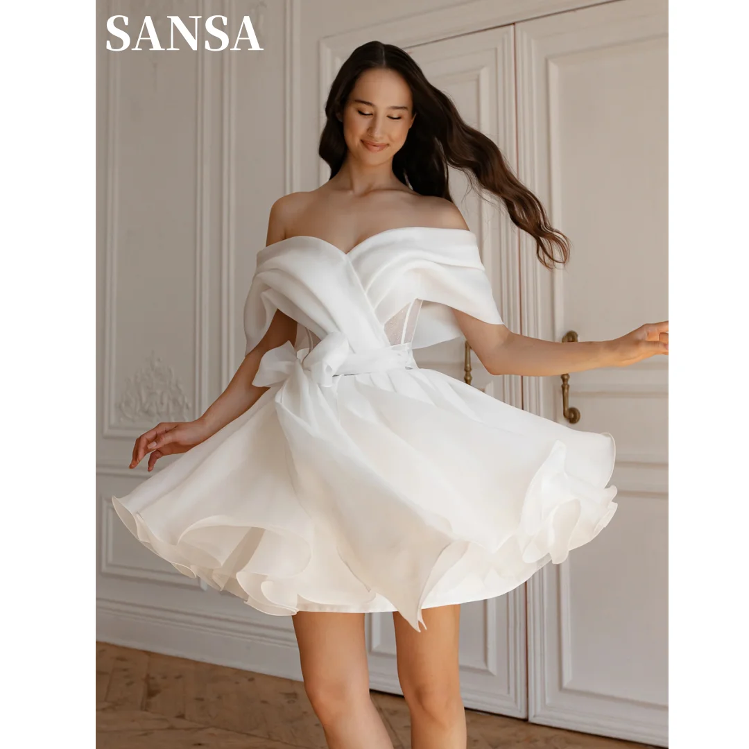 

Sansa White Off Shoulder Mini فساتين السهرة Princess Bow On Waist Ball Gown Vestidos De Noche Satin Corset Prom Dresses 2024