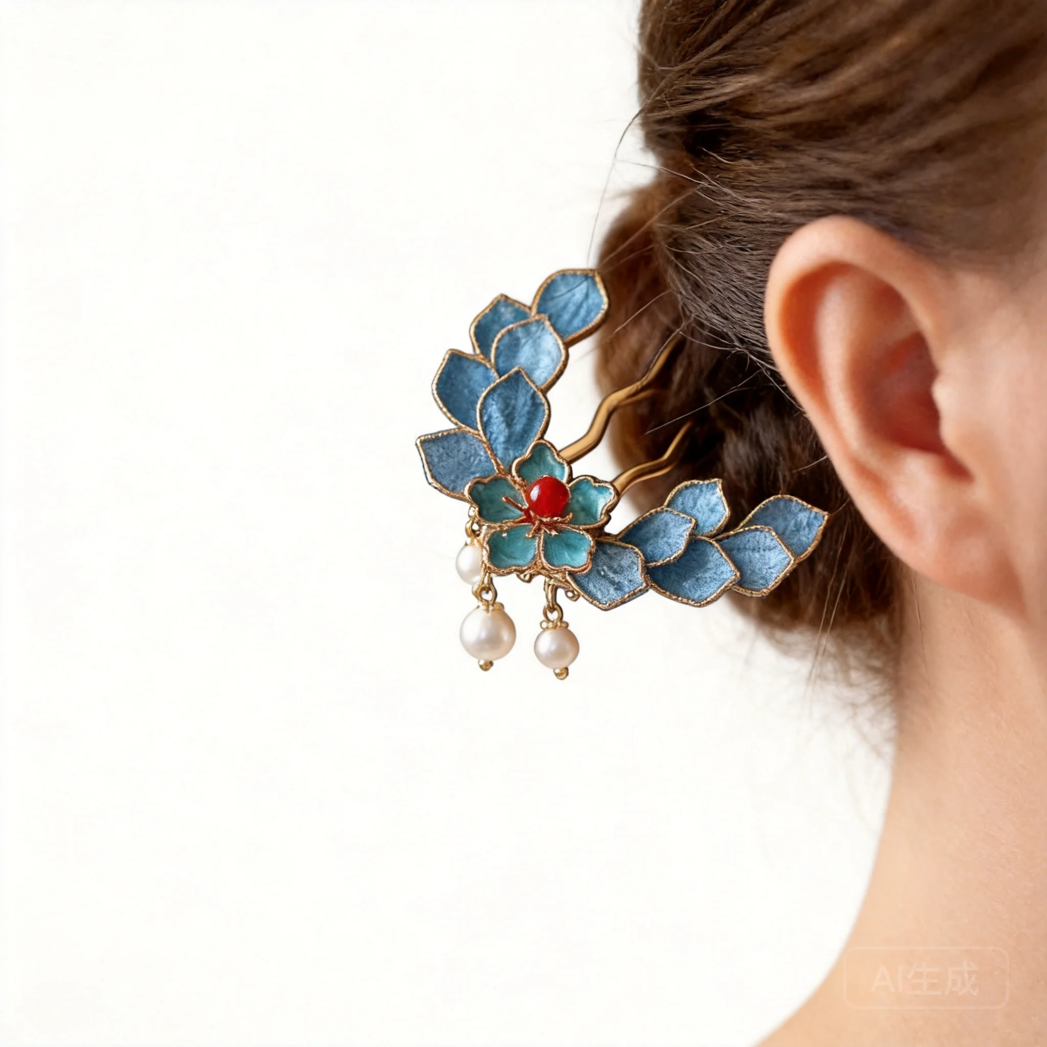 Chinese Style Auspicious Lucky Blue Velvet Handmade Filigree Flower U Shaped Hairpin Traditional Hanfu Ming Dynasty Hair Stick