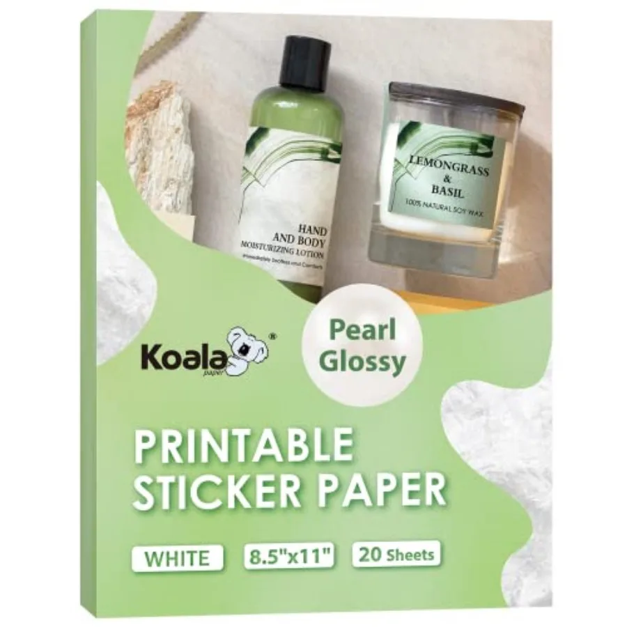 Pearl Glossy Sticker Paper for Inkjet and Laser Printer, 20 Sheets 8.5x11 Inch Printable Pearly Gloss Photo Sticker Paper for W