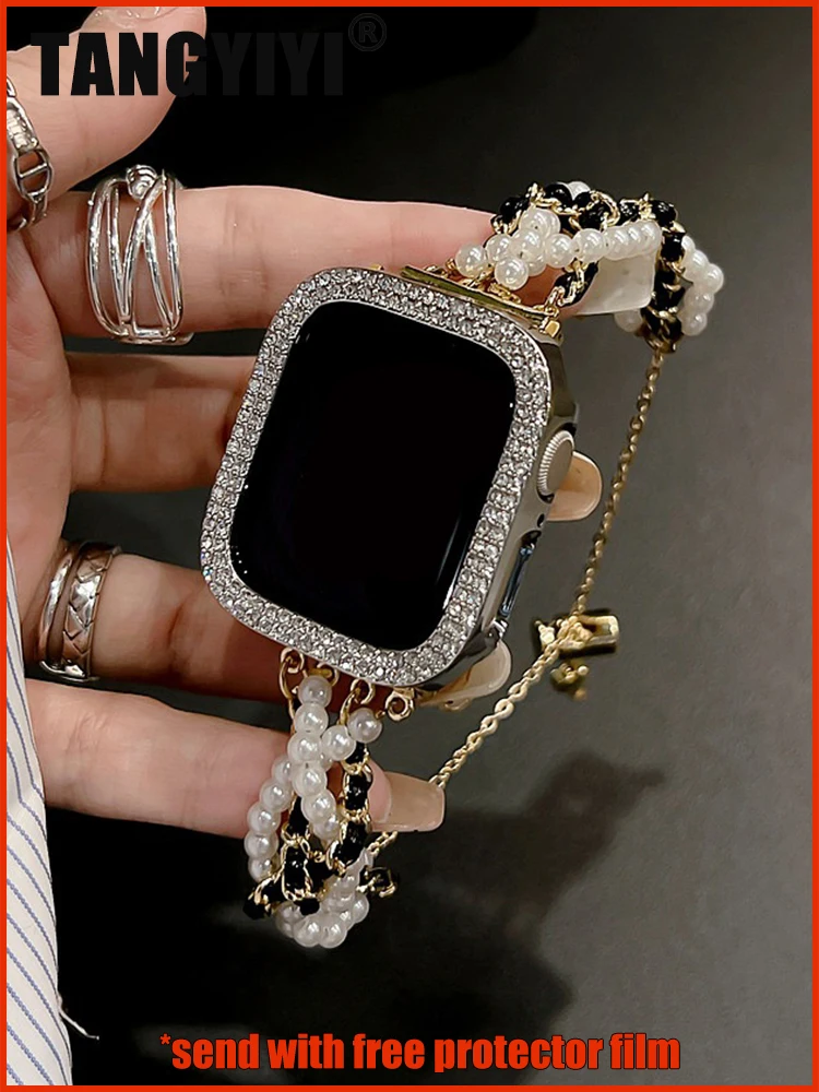 Strap For Apple Watch Series 9 8 7 6 SE 5 4 38/40/41/42/44/45MM iWatch Ultra 2 49mm Luxury Pearl Bead Chain Band Metal Bracelet
