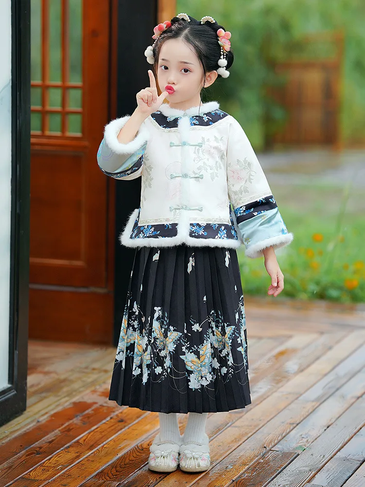 New Arrival  Princess Hanfu Dress Set Girls Traditional Chinese Flower Embroider Horse-Face Skirt Suit For Kids Children