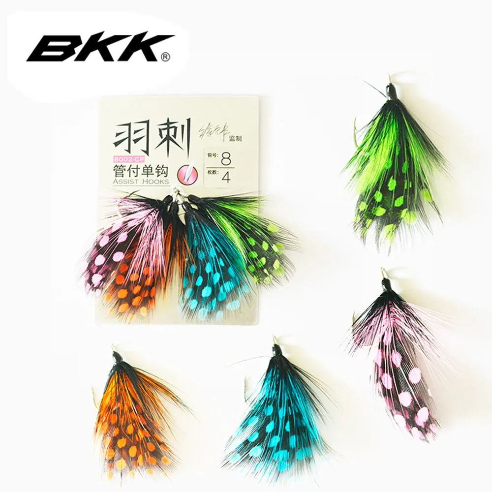 BKK Feathered Assist Hooks #6-12 Jigging Fishing Single Barbed Jig Hook With Feather Bass Fishing Lures Pesca Accessories