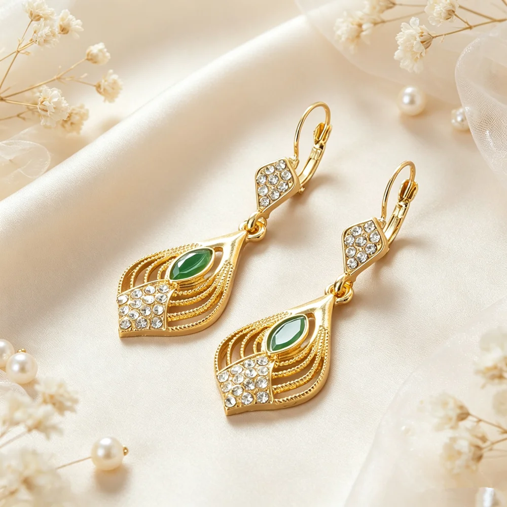 Women Gold Plated Teardrop Dangle Earrings Hollow Crystal Rhinestone Drop Earrings Arabic Bridal Party Jewelry