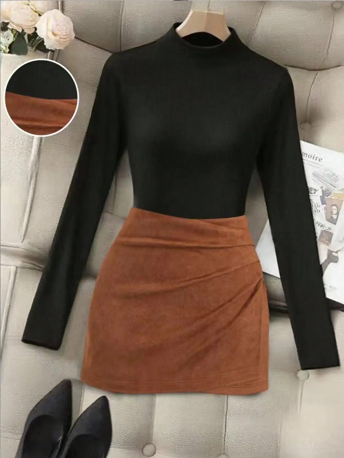 

Women's Black Turtleneck Long Sleeve Top & Brown Pleated Mini Skirt 2-Piece Set Casual Autumn Outfit