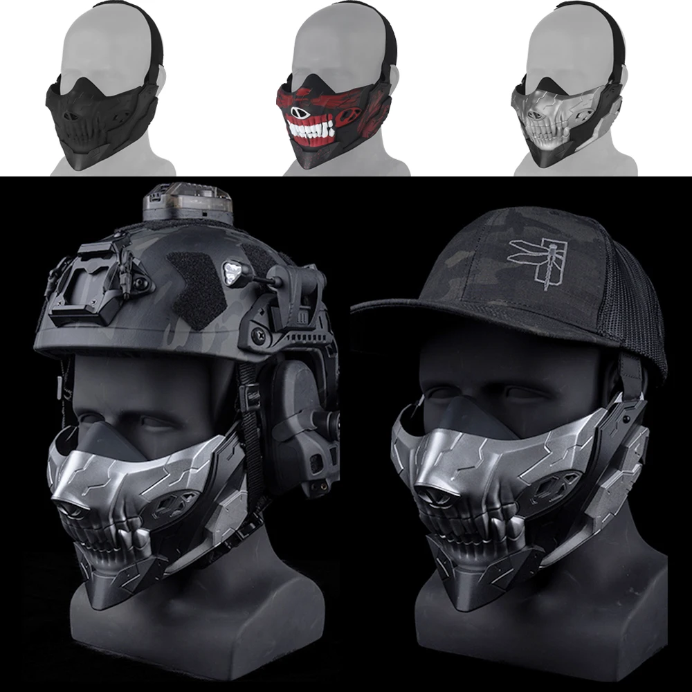 Airsoft-Halbmaske aus Silikagel Taktische, atmungsaktive Totenkopfmasken mit Gehörschutz für CS-Jagd, Paintball, Schießen, Cosplay