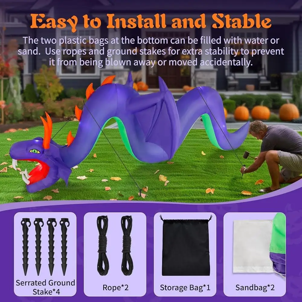12ft Inflatable Dragon Halloween Decorations Outdoor Giant Purple Dragon with LED Lights Spooky Party Yard Decor Airblown