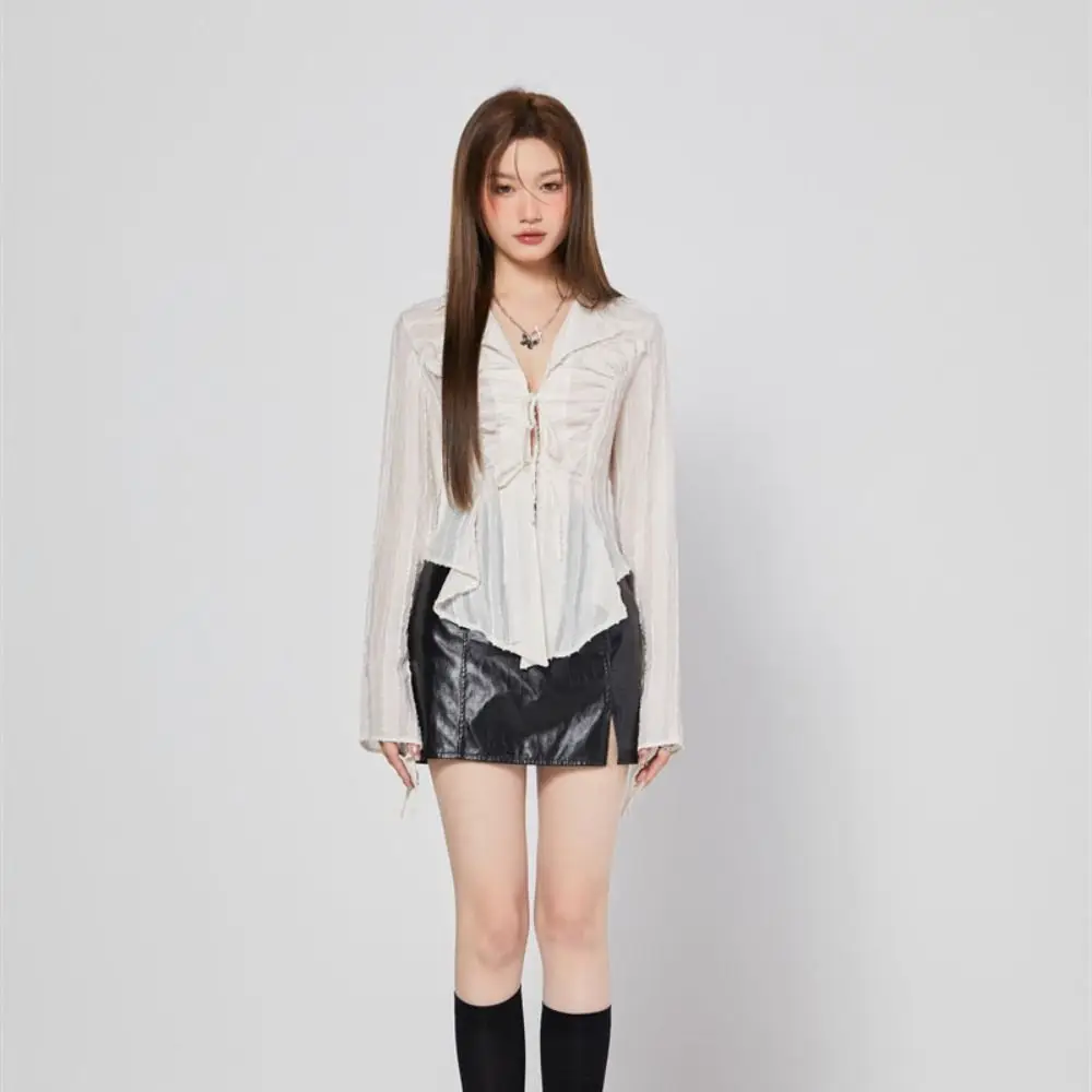 

Soft V-neck Chiffon Sunscreen Shirt Lace-up Loose Beige Shirt Women Ruffle Irregular Mesh Blouse Daily