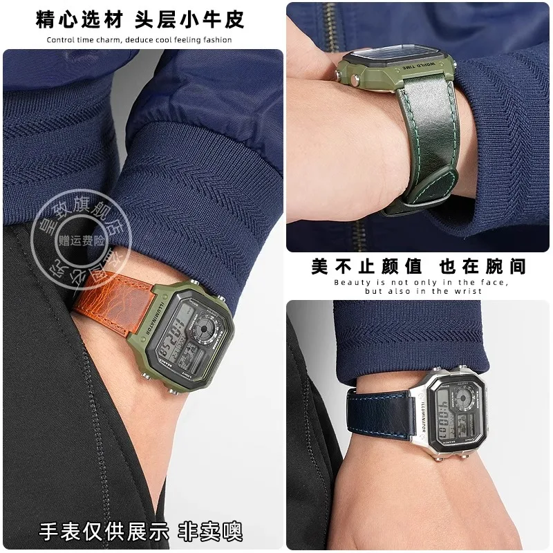 Correa de cuero de vaca para Casio G-Shock AE-1200WH AE-1300/1000 A159 A159 A158W A168 / F91w AE1200 pulsera Retro para hombre correa de reloj de 18mm