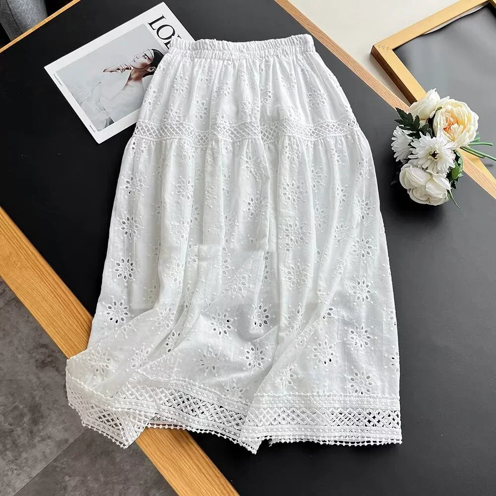 

Summer Mori Girl Japanese Style Hollow Out Embroidery Cotton White Skirt Women Elastic Waist Kawaii Cute Skirt