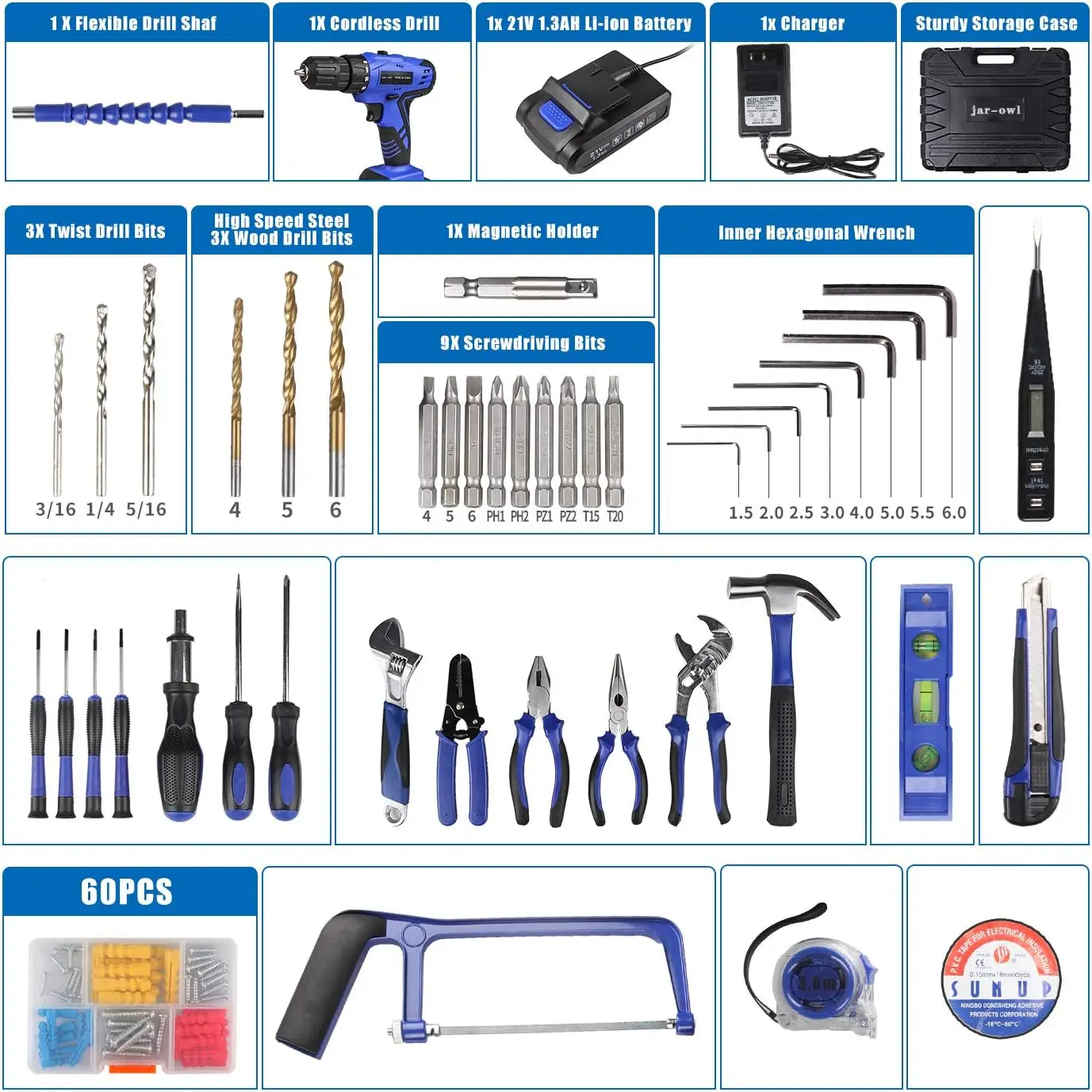 Jar-Owl 21V Tool Set With Drill, 350 In-Lb Torque, 0-1350Rmp Variable Speed, 10Mm 3/8'' Keyless Chuck, 18+1 Clutch, 1.5Ah