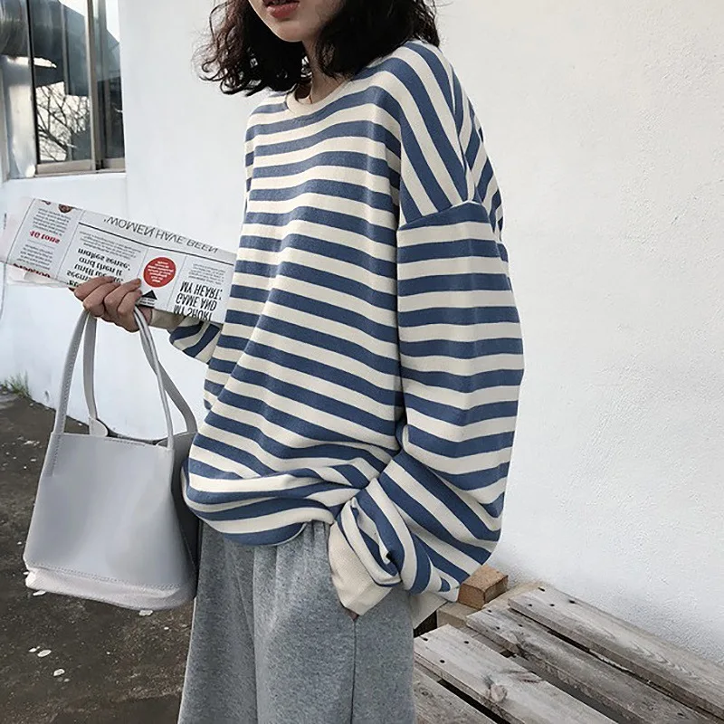 Vetiver Women's Loose Long Sleeve Striped Hoodie Autumn Korean Style Casual Versatile Top Comfortable Streetwear Fashion