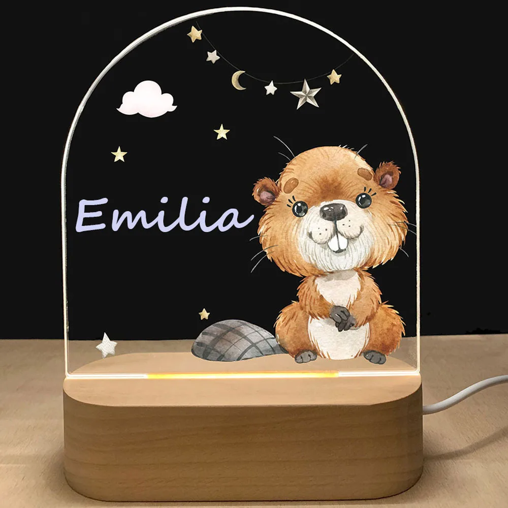 Imagem -06 - Personalizado Bebê Nascimento Night Light Nome Personalizado Floresta Woodland Amigos com Led Usb Cores Lâmpada Base de Madeira para Presente de Aniversário