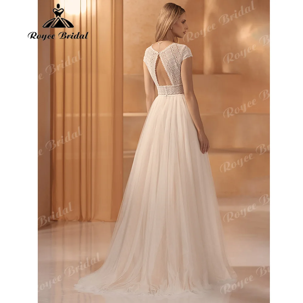 V Neck Cap Sleeve Crochet Lace A Line Wedding Dress Keyhole Back Soft Tulle Sweep Train Modest Boho Vestido De Novia Customized