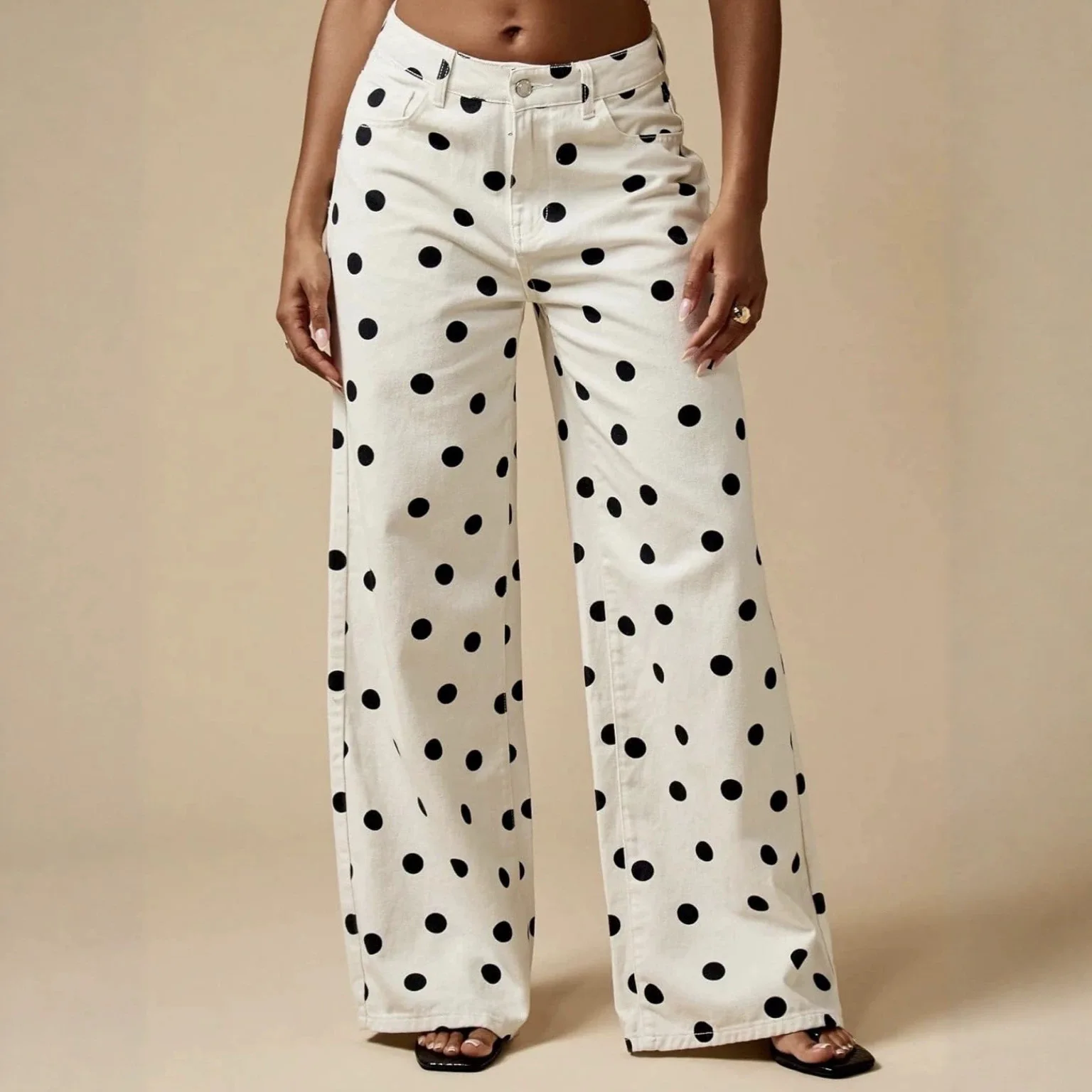 Vintage Polka Dot Jeans for Women Button High Rise Cute Y2k Baggy Straight Wide Leg Boyfriend Denim Long Pants Streetwear
