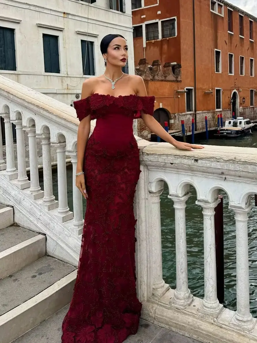 

Индивидуальные бордовые вечерние платья с открытыми плечами, 3D-кружевными аппликациями и бисером, формальные вечерние платья-русалки, Vestidos De Festa