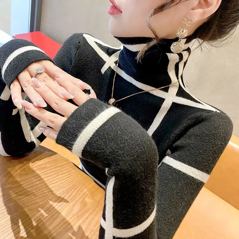 Women\'s High Neck Sweater All-match Bottom New Autumn and Winter Fashion Stripe Long Sleeve Pullover Slim Office Lady Knit Tops