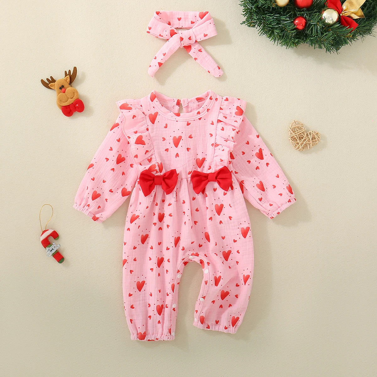 

Весенне-осенний розовый комбинезон Санта-Клауса для маленьких девочек с повязкой на голову с бантом, милый и милый комбинезон с длинными рукавами для младенцев