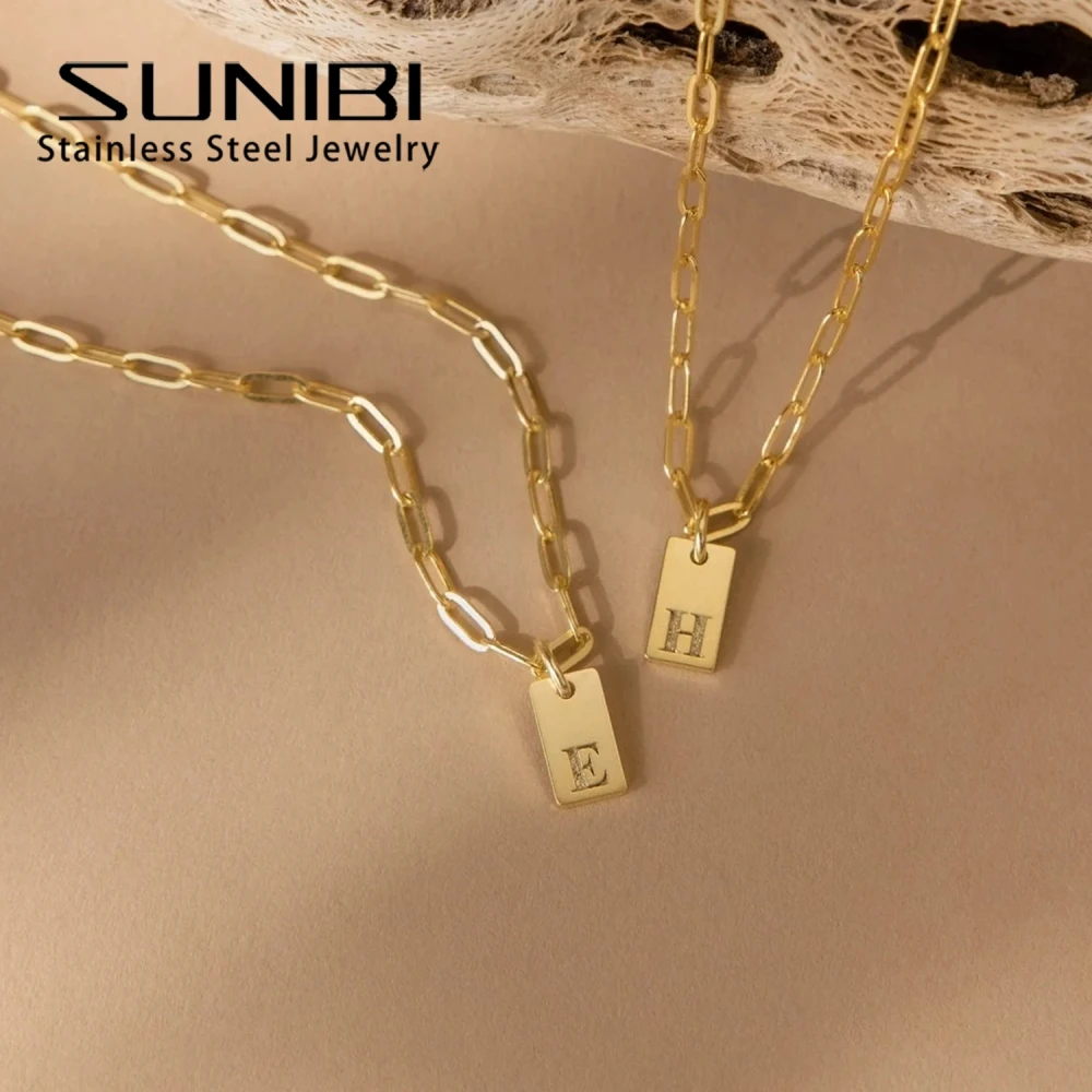 SUNIBI Fashion Unisex Women\'s Necklace Stainless Steel Gold Color 26 Initial Square Pendant Necklace for Women Jewelry Wholesale