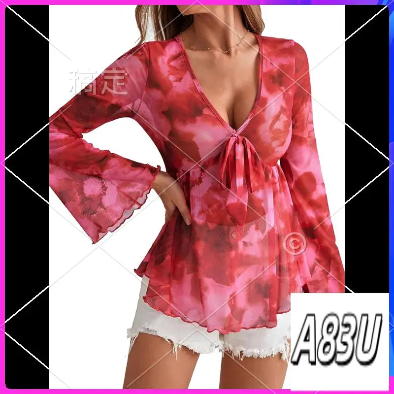 

U8-Женская футболка с длинным рукавом и цветочным принтом, сетчатая завязка спереди, отделка салата, топ