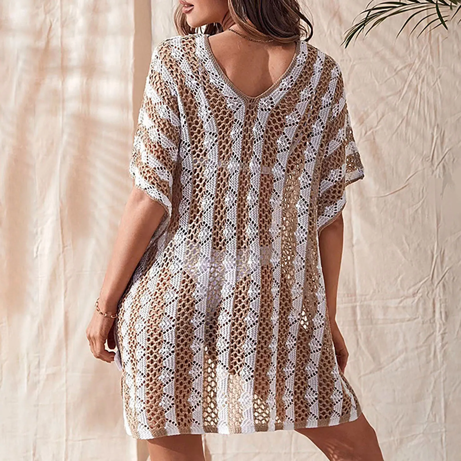 See Through Split Stripe Beach Coverup Deep V-Neck Sexy Mesh Blouse Vacation Slim Short Sleeve Swimsuit Cover Up