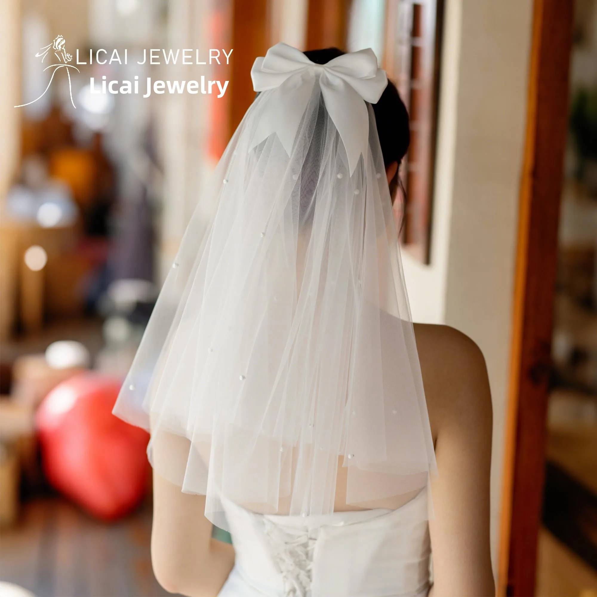Bridal Headpiece Pearl  Knot White Wedding Dress Accessory Photography Prop Small Size Elegant Soft Tulle
