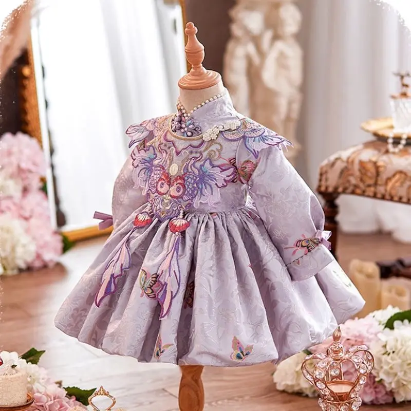 2026 Baby First Birthday Dress Chinese Style Princess Suit Baby Birthday Kids Crown Clothing Fall Winter
