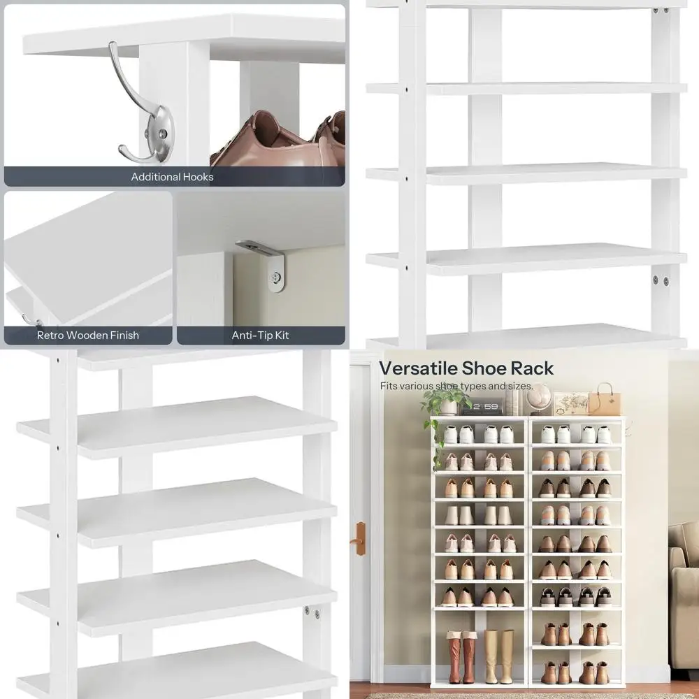 

Vertical Wooden Shoe Rack with Hooks, Holds 20 Pairs, Space-Saving, Suitable for Entryway, Living Room, Bedroom, White