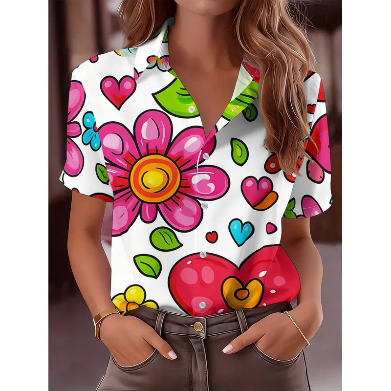 Women's Casual Short Sleeve Button Up Shirt Floral Hearts Green Leaves Pattern Playful Trendy Machine Washable Top