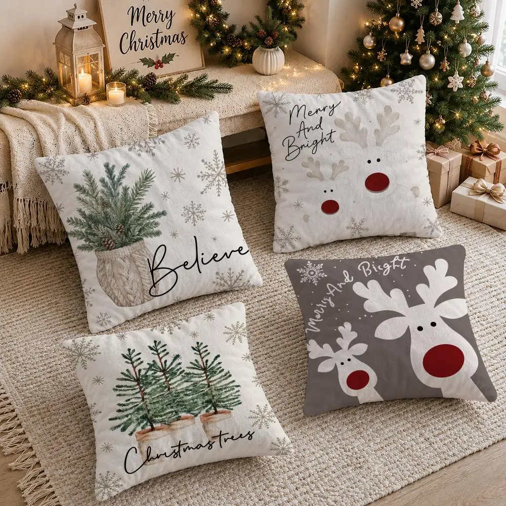 Christmas Trees and Reindeer Cushion Cover Soft Short Plush Double-Sided Printing Sofa Home Decor Festival Pillow Case Gifts