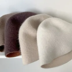 High Quality Double-sided Wear Beanie Women Pure Wool Angora Rabbit Bucket Hat Female Classic Design Soft Warm Japanese Cap Lady