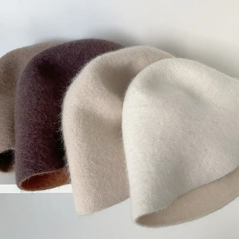 High Quality Double-sided Wear Beanie Women Pure Wool Angora Rabbit Bucket Hat Female Classic Design Soft Warm Japanese Cap Lady