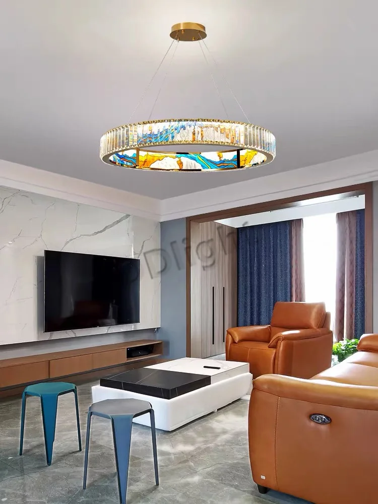 2024 Modern New Enamel Color Chandiler Lustre Crystal Glass Ceiling Light Luxury LED Ring Villa Decor Bedroom Living Dining Room