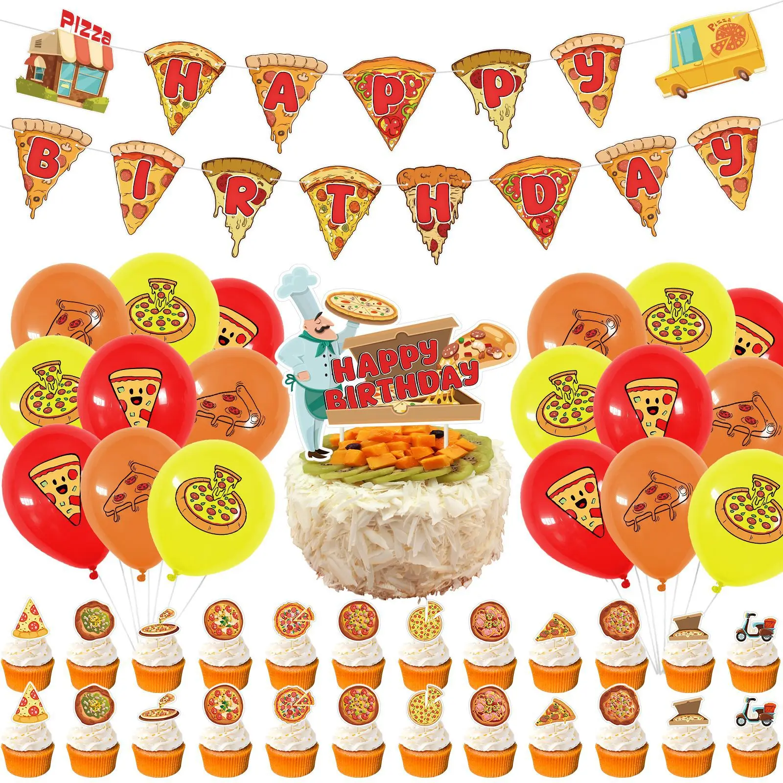 Pizza Themed Birthday Decorations Pizza Banner Garland Cake Toppers and Balloons Set for Boys Girls Birthday Party Supplies