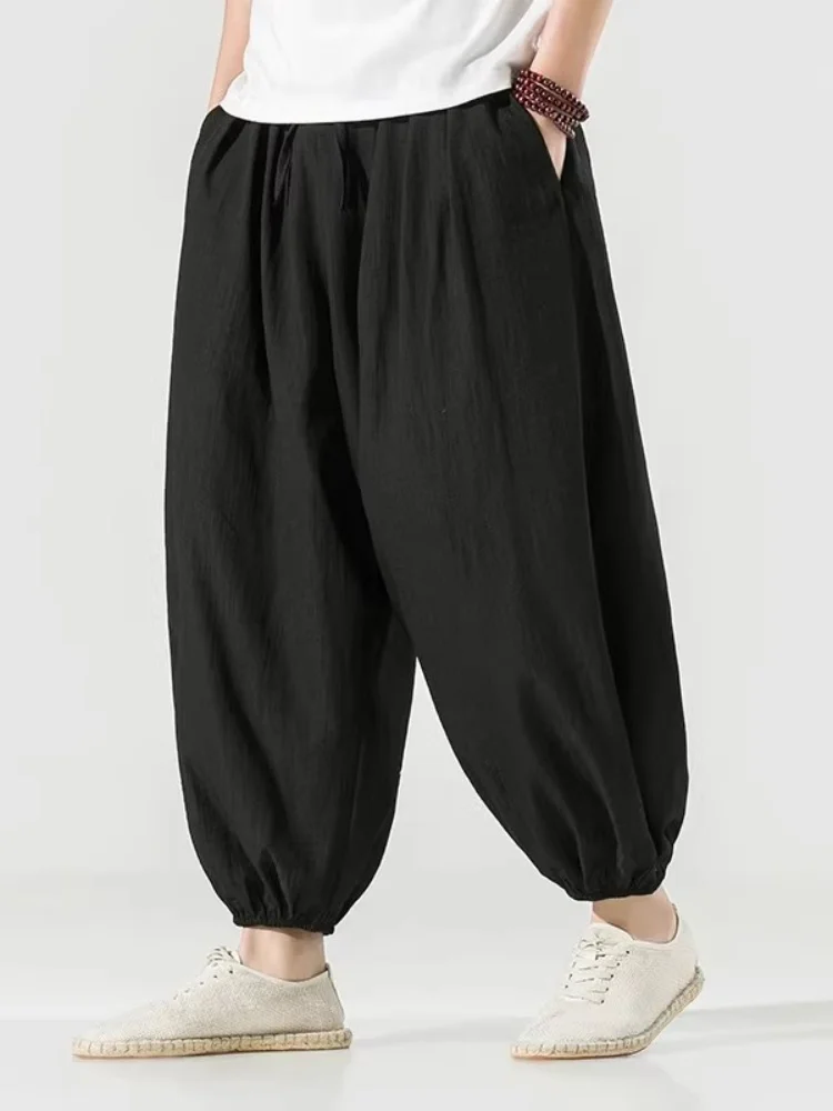 

Новые китайские брюки из ледяного шелка для мужчин, летние, тонкие, укороченные, свободные, больших размеров, с завязками, прямые, в стиле Харлан