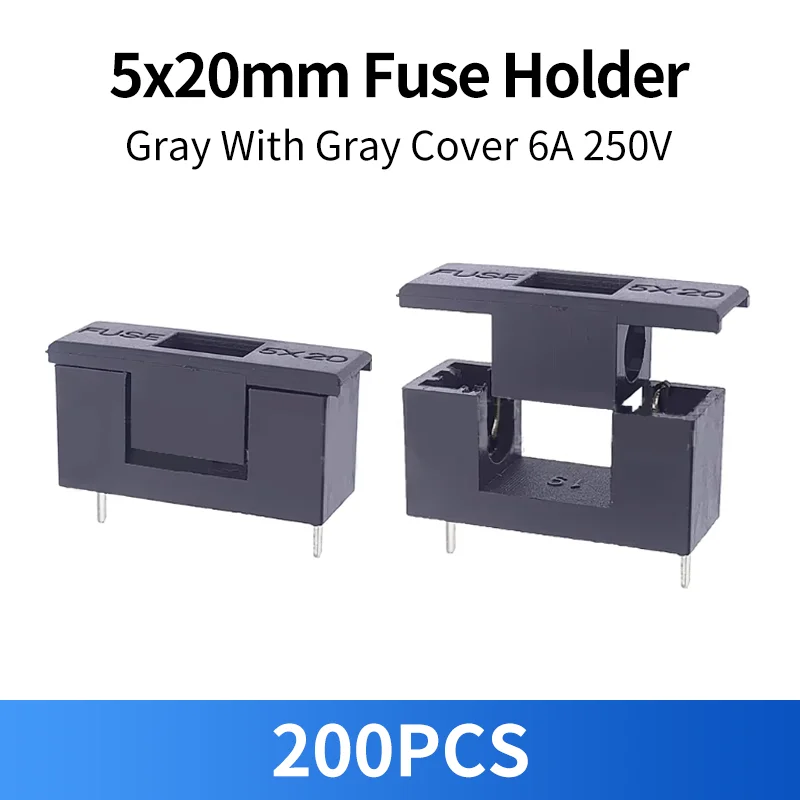 200PCS 5x20MM Fuse Holder 6A250V Gray Holder With Gray Cover Fuse Blocks PCB Panel Mounting Fuse Boxes 5*20mm