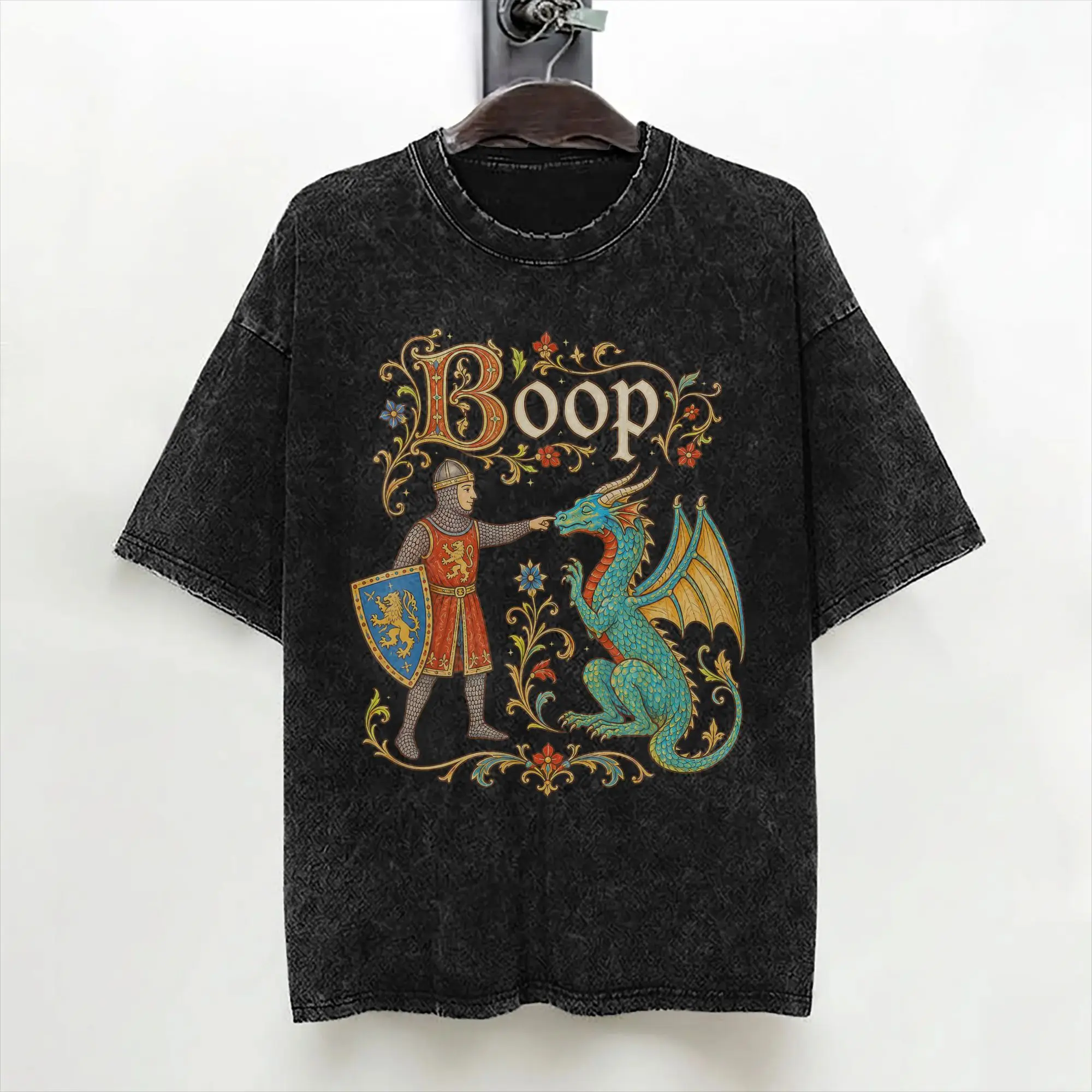 Le Boop Medieval Knight Dragon T Shirts Washed Short Sleeve Oversize T-Shirt  Vintage for Men Women Streetwear Printed Tees