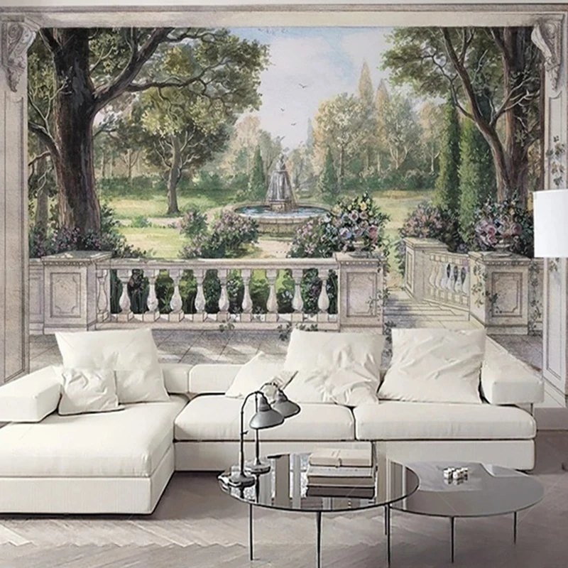 

Customized Mural Wallpaper Hand-Painted Watercolor Garden Fountain Landscape for TV Background Wall Living Room Decor