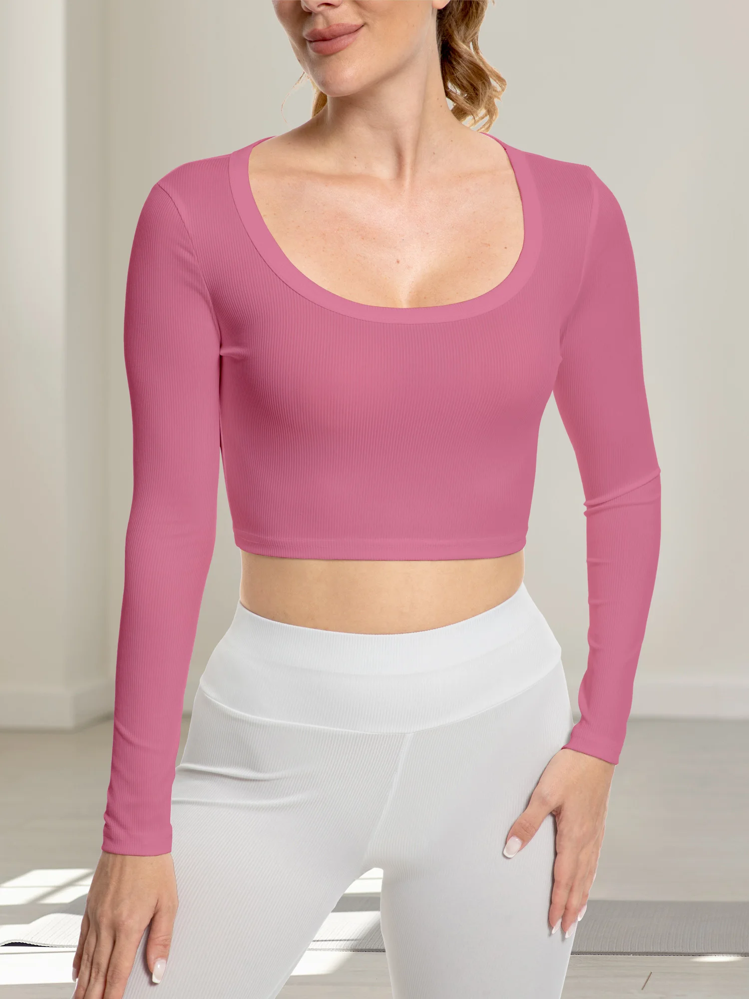 Soft Daily Crop Knitwear, Long Sleeve Square Neck Slim Top for Coffee Dates & Afternoon Walks