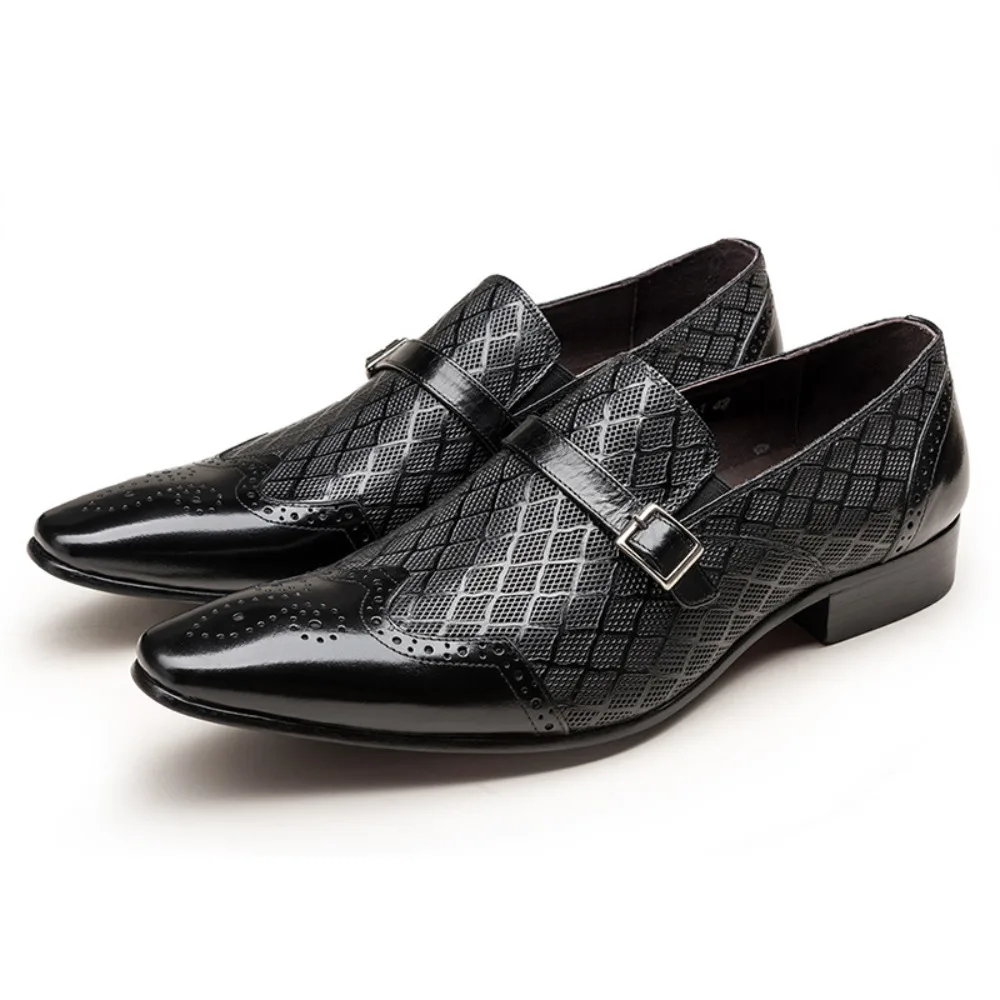 Summer Breathable Perforated Calfskin Men's Formal Dress Shoes Fashion Pointed Toe Buckle Slim Business Dress Shoes For Men