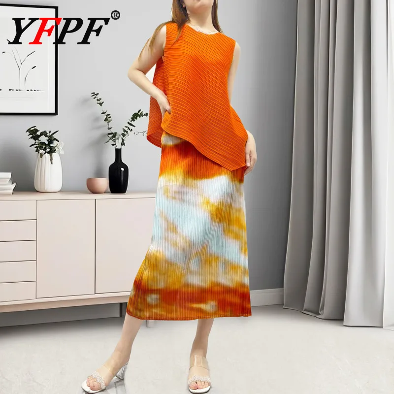 

YFPF Summer Miyake Pleated Women Set Elegant Sleeveless Irregular Tops + Printing A Line Long Skirt Fashion 2025 New Clothing