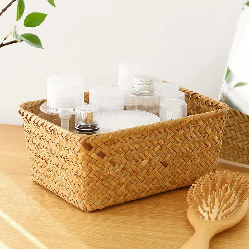 Handmade Seaweed Storage Basket  Woven Storage Organizers Sundries Cosmetic Toy Snack Storage Box Home Desktop Fruit Container