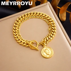 MEYRROYU 316L Stainless Steel Gold Color Round Portrait Coin Charm Bracelet For Women Trendy Waterproof Thick Chain Jewelry Gift